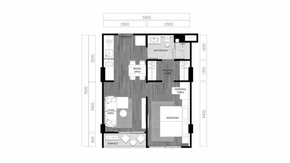 Apartment floor plan, 1 bedroom in Vip Tropika No. 11017 (2D)